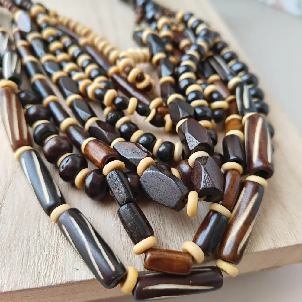 Bohemian dark brown and cream wooden multilayer beaded necklace